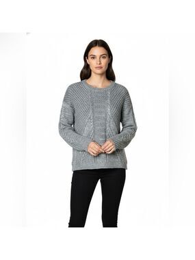 DUFFY 100% Merino Wool Grey Chunky Cable Knit Long Sleeve Crew Neck Sweater Sz S